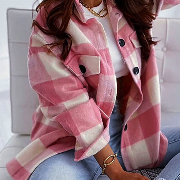 Beautiful Soft Comfy Cream Pink Plaid Checker Cozy Brush Button Pocket Shacket - Picture 5 of 8